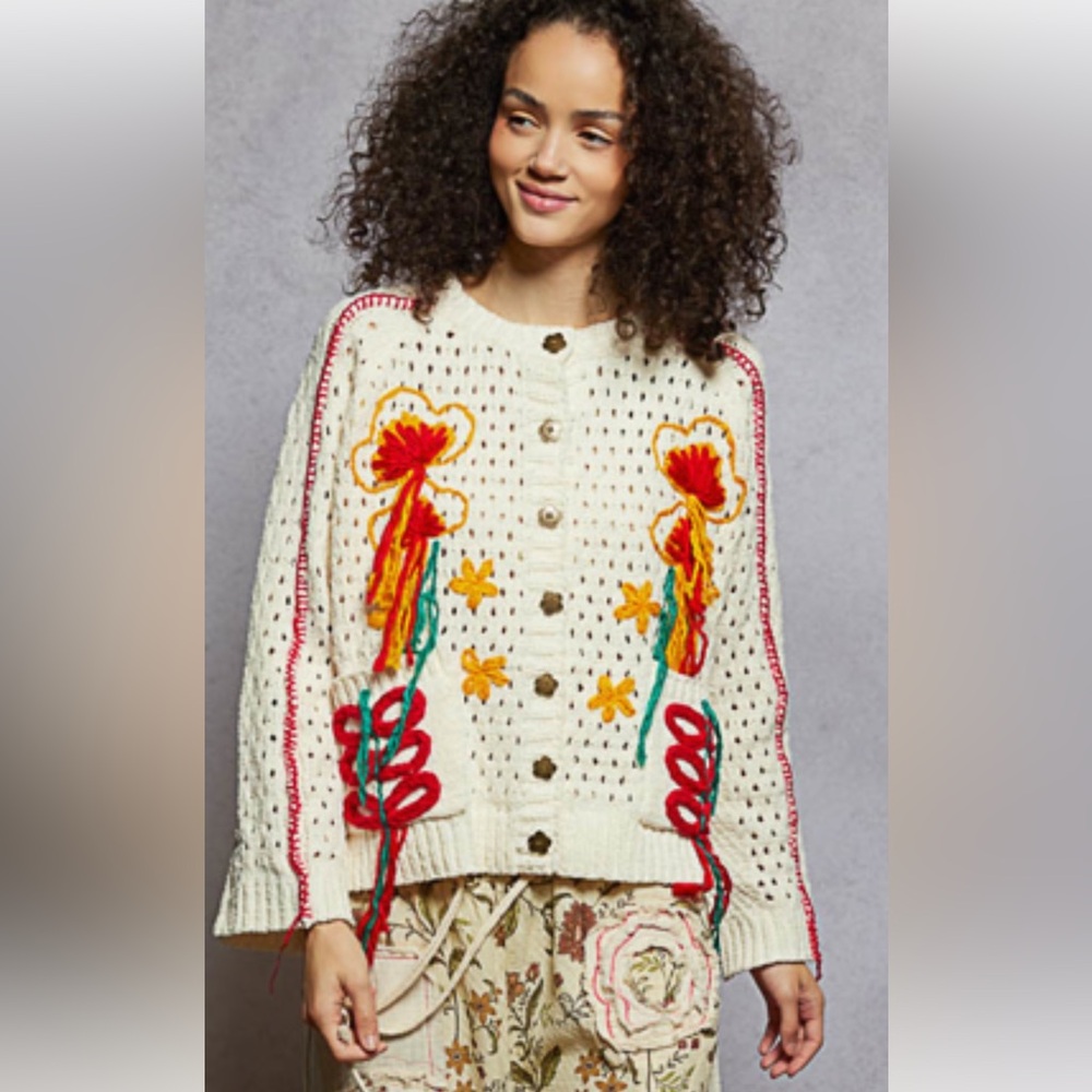 POL beautifully Embroidered Floral Women Sweater - Cream, Red, Yellow - Picture 3 of 6